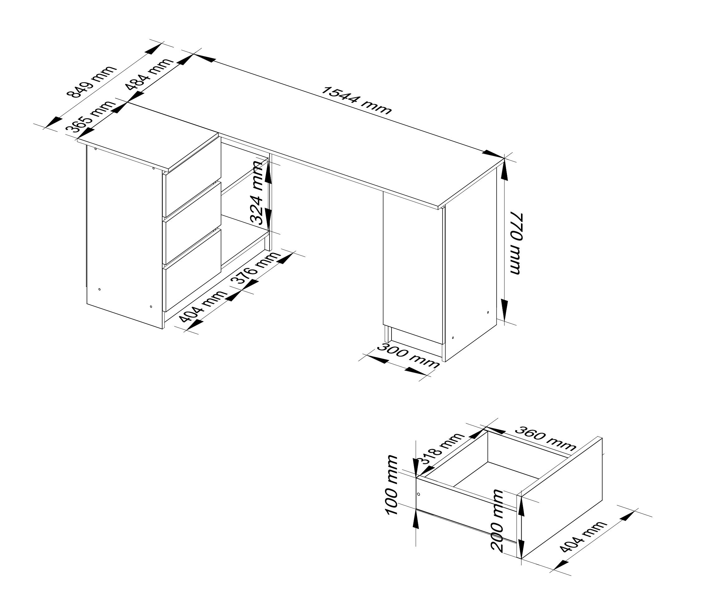 Rohový kancelářský stůl B20 155 cm levý, metalický lesk