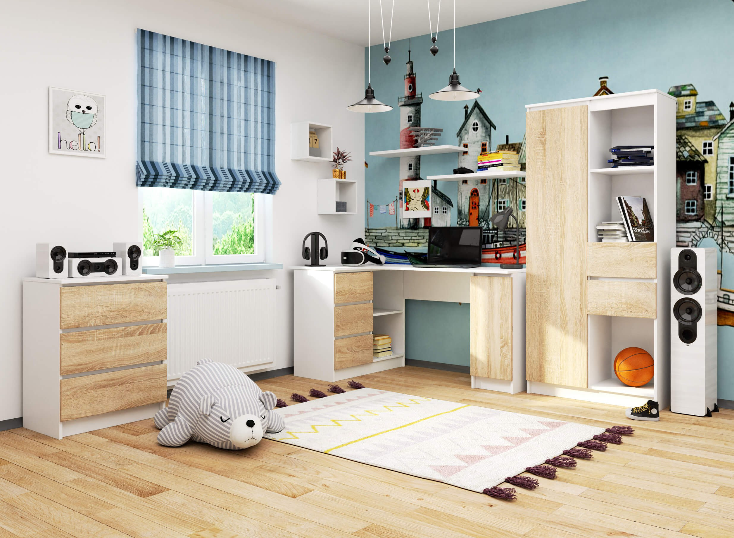 Rohový kancelářský stůl B20 CLP levostranný, bílý / sonoma