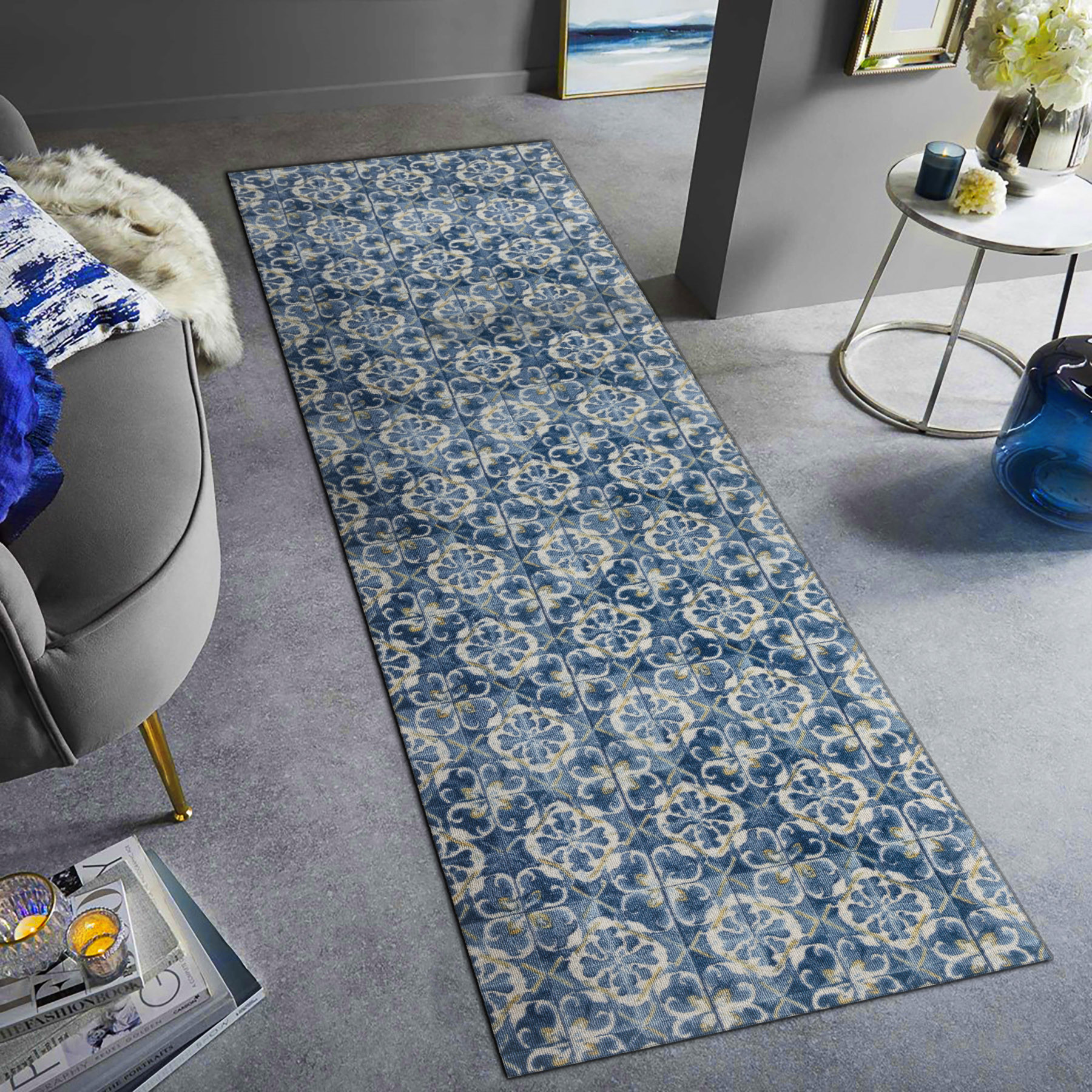 Protiskluzový běhoun DIGITAL lisabonský obklad, modrý / zlatý