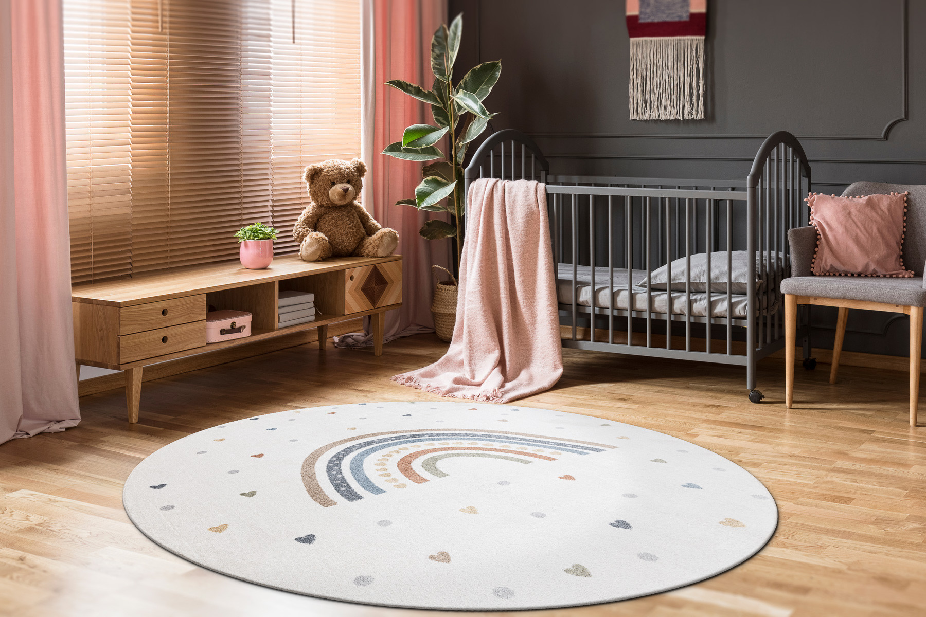 Koberec BONO 8302 duha / srdce, krémový / hnědý, kruh