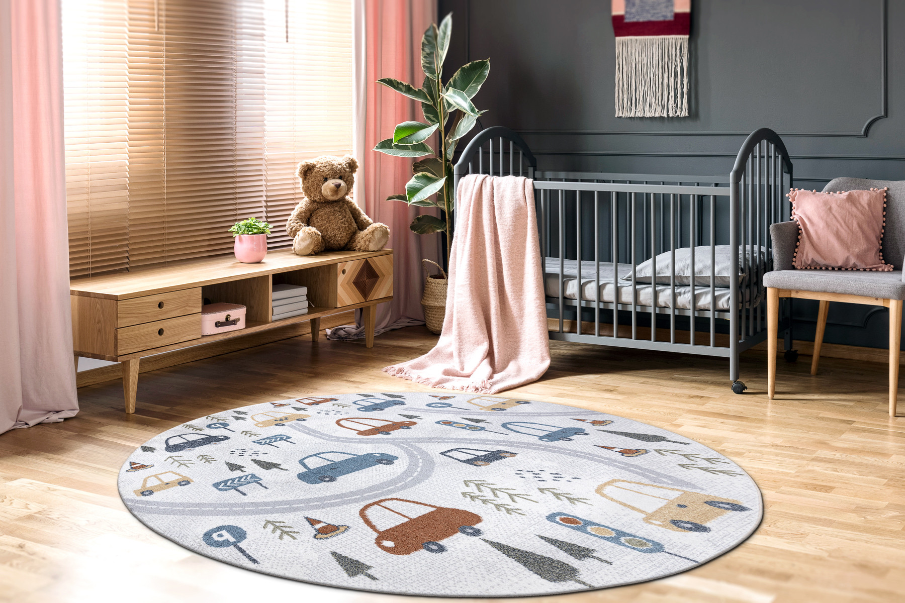 Koberec BONO 8436 auta / uličky, krémový / světle šedý, kruh