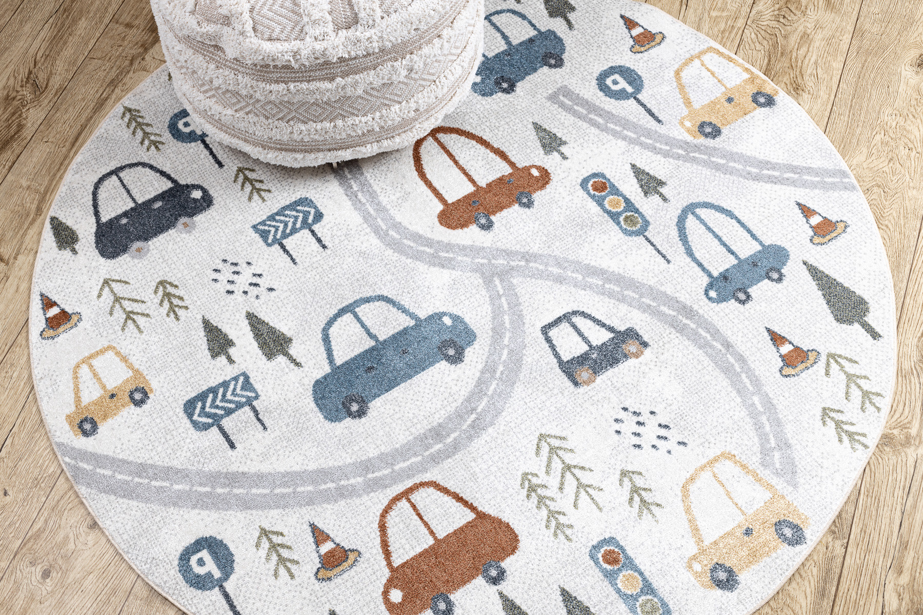 Koberec BONO 8436 auta / uličky, krémový / světle šedý, kruh