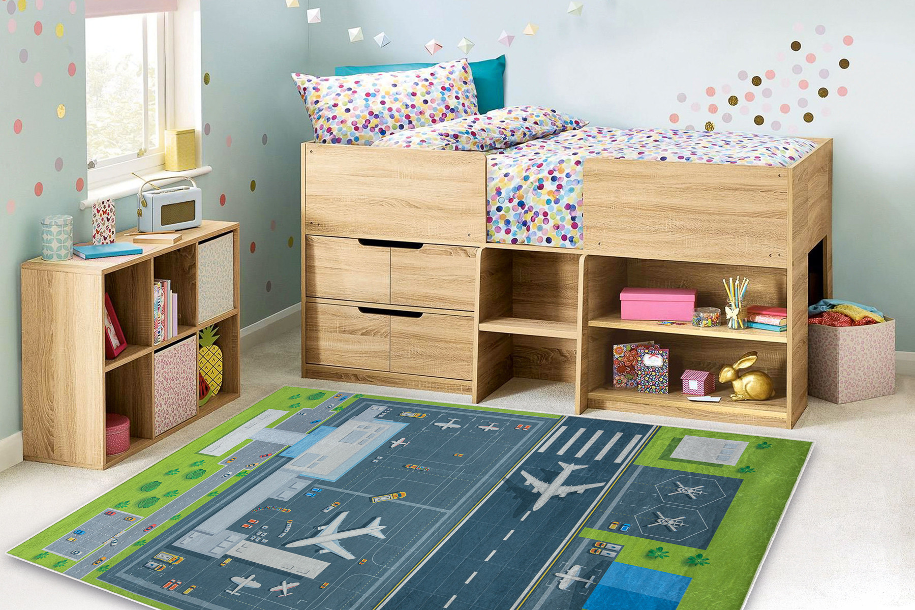 Dětský koberec protiskluzový BAMBINO 46990 letiště, zelený / šedý