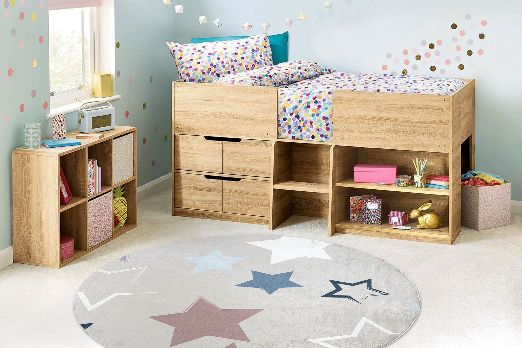 Dětský koberec protiskluzový BAMBINO 48130 Hvězdy, béžový / šedý kruh