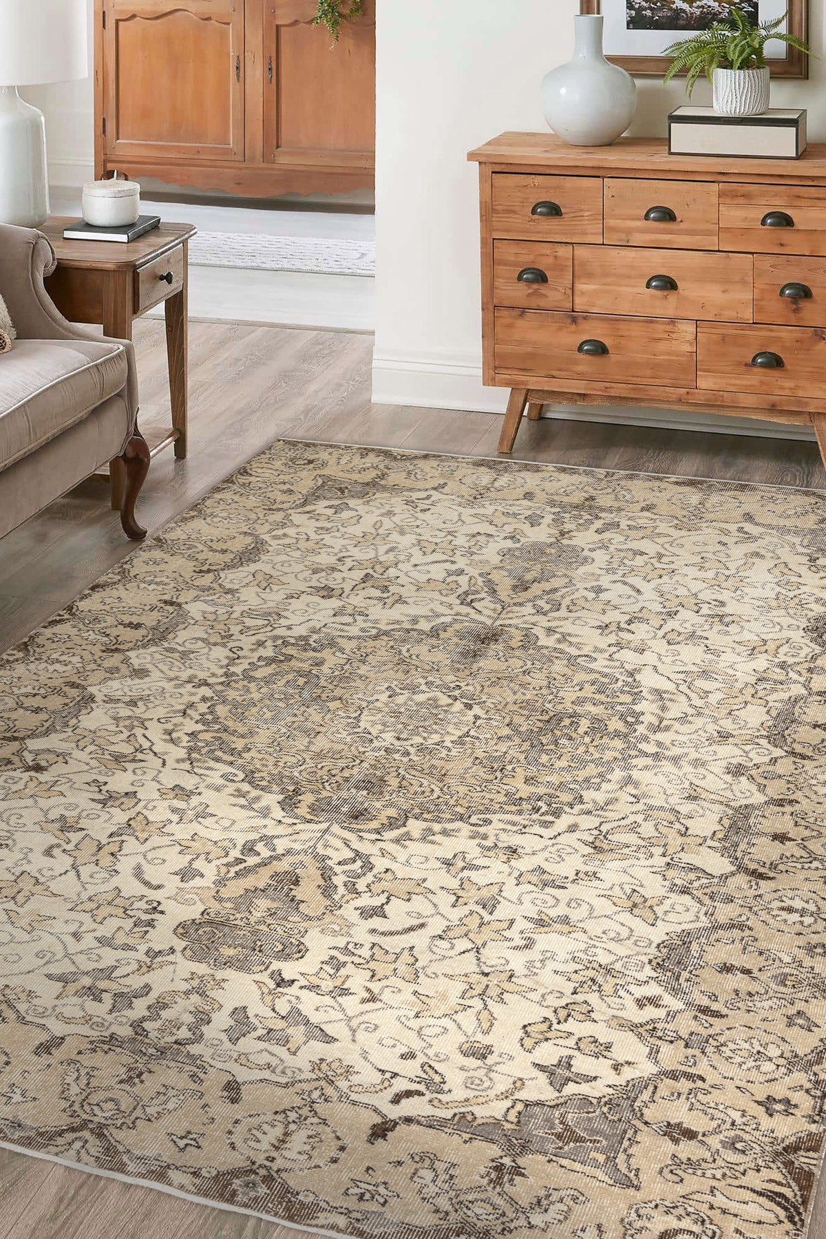 Ručně tkaný vlněný koberec Vintage 10311 rám / ornament, béžový