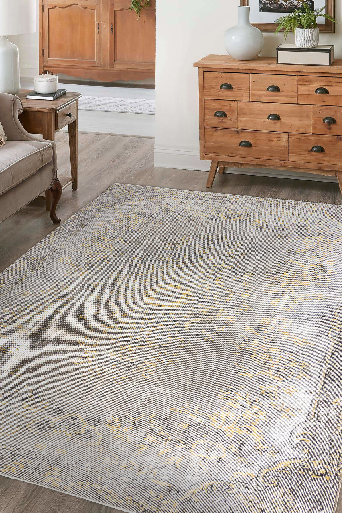 Ručně tkaný vlněný koberec Vintage 10432 rám / ornament, béžový / žlutý