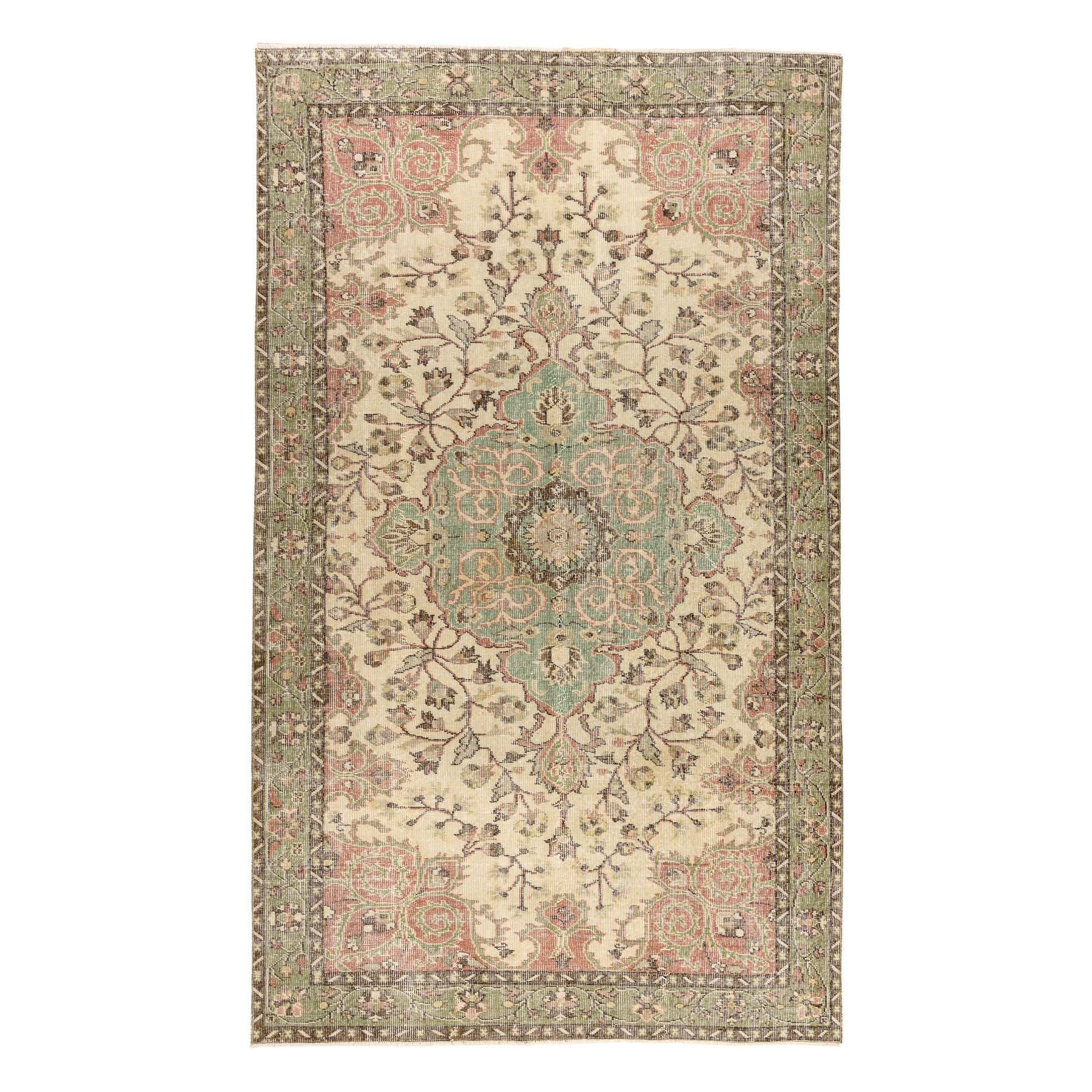 Ručně tkaný vlněný koberec Vintage 10534 ornament / květy, béžový / zelený