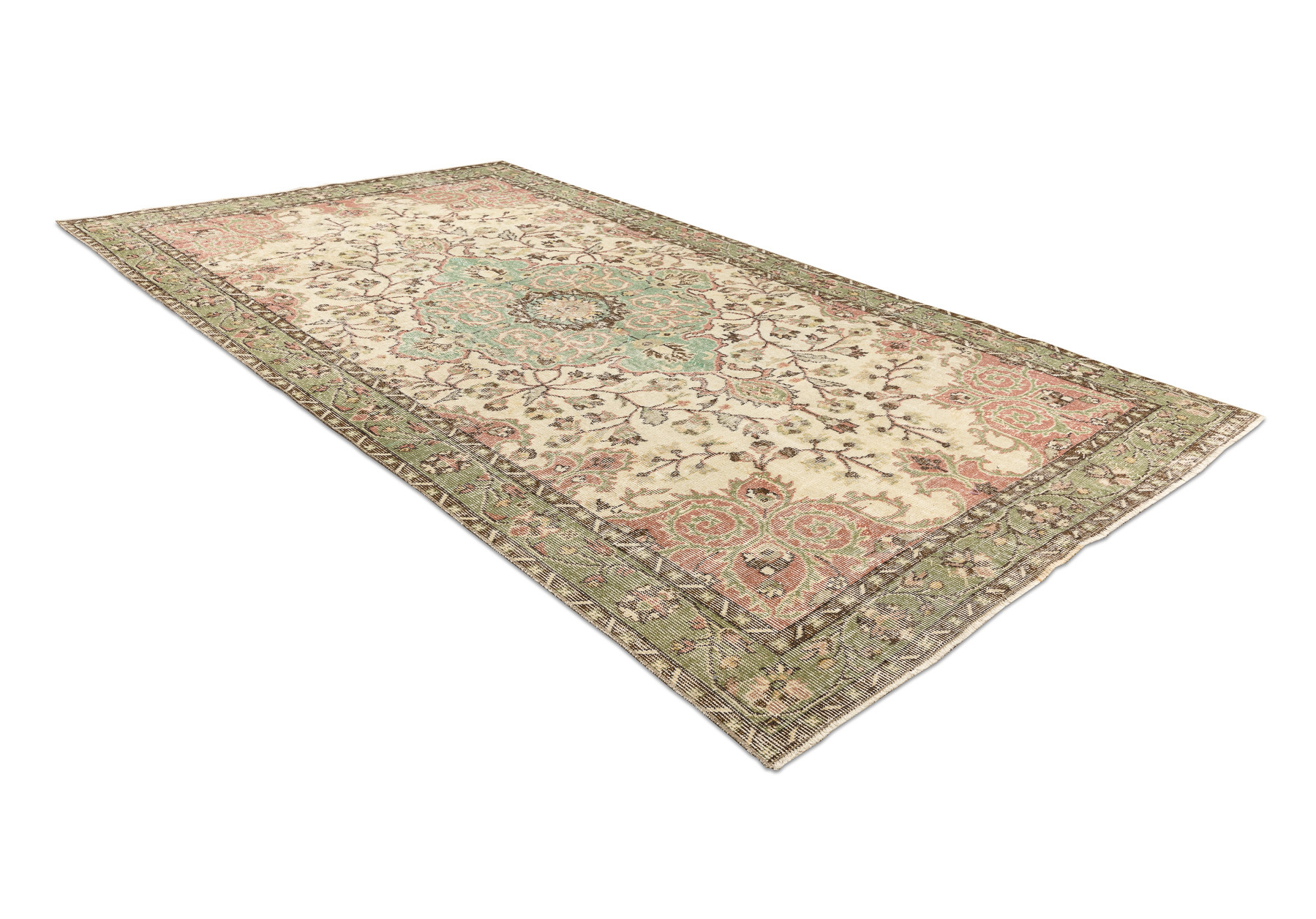 Ručně tkaný vlněný koberec Vintage 10534 ornament / květy, béžový / zelený