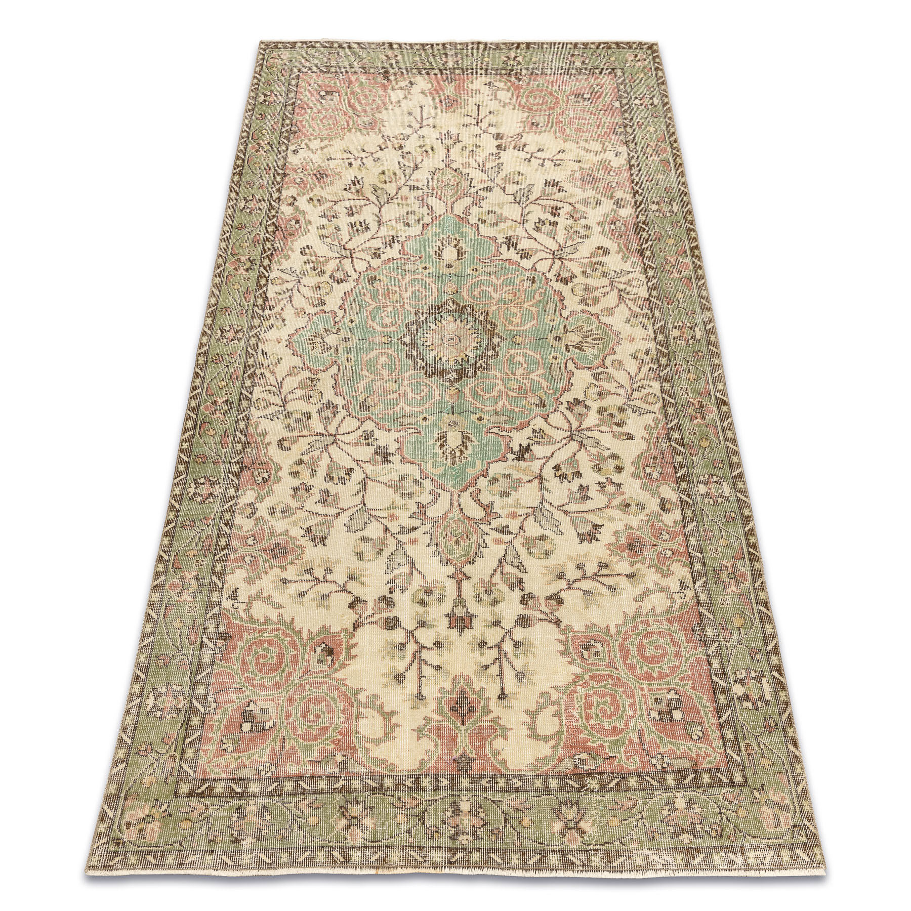 Ručně tkaný vlněný koberec Vintage 10534 ornament / květy, béžový / zelený