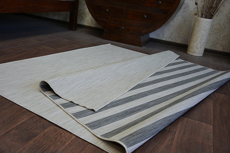 Exteriérový Oboustranný Koberec SIZAL DOUBLE  29205/095 Pásy černý bež/melanž béž