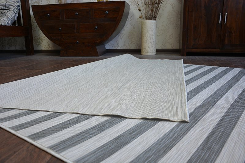 Exteriérový Oboustranný Koberec SIZAL DOUBLE  29205/095 Pásy černý bež/melanž béž