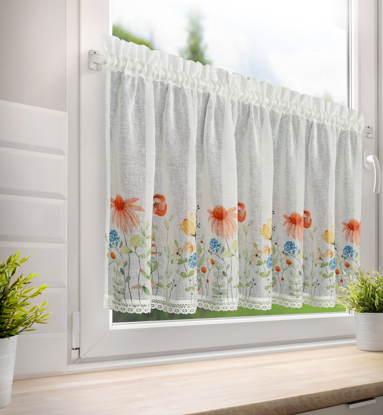 Hotová záclona NATI bílá / červená - s tunelem