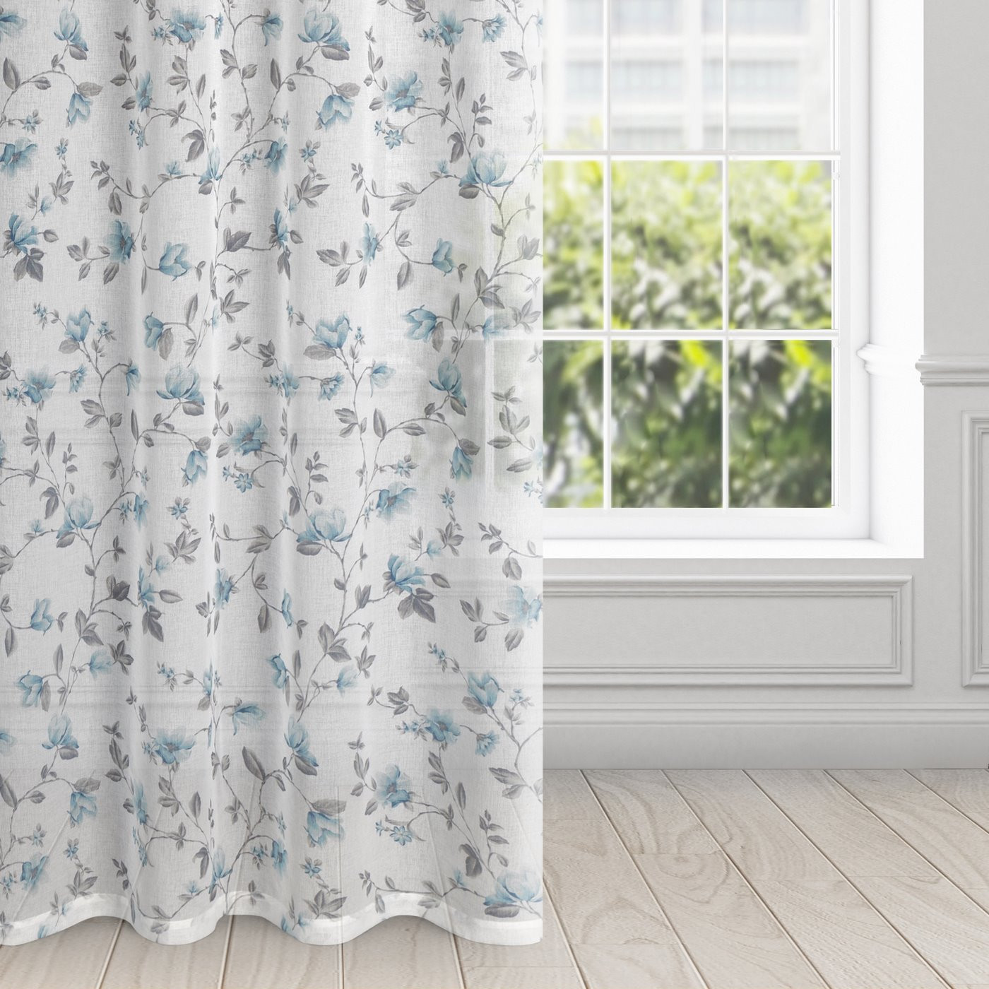 Hotová záclona JENNY bílá / modrá - na průchodkách