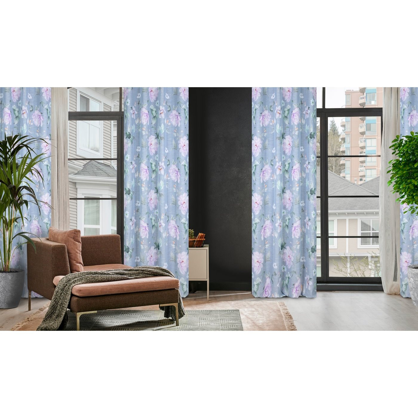 Hotový závěs FLORA stříbrný / fialový - na průchodkách