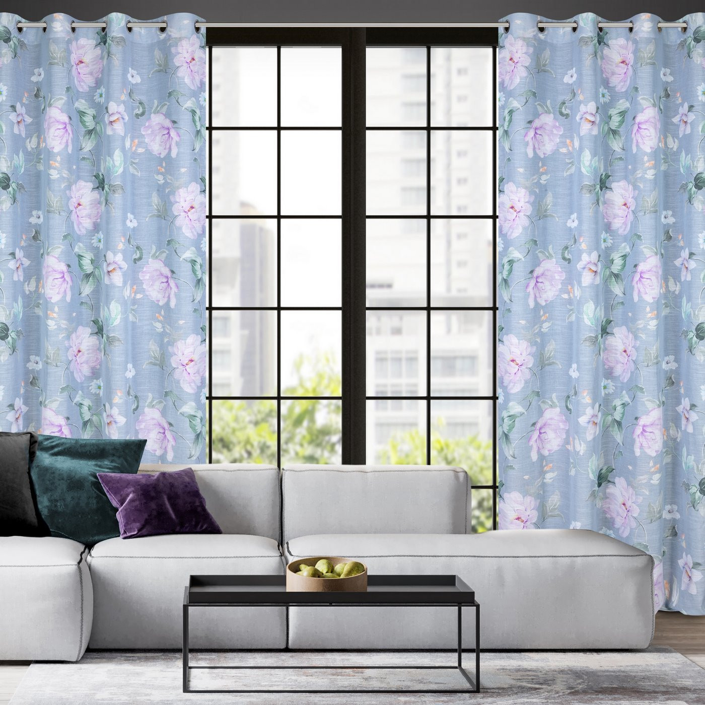 Hotový závěs FLORA stříbrný / fialový - na průchodkách