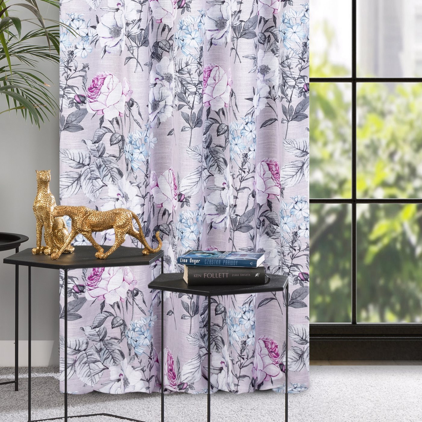 Hotový závěs HONEY béžový / fialový - na pásce