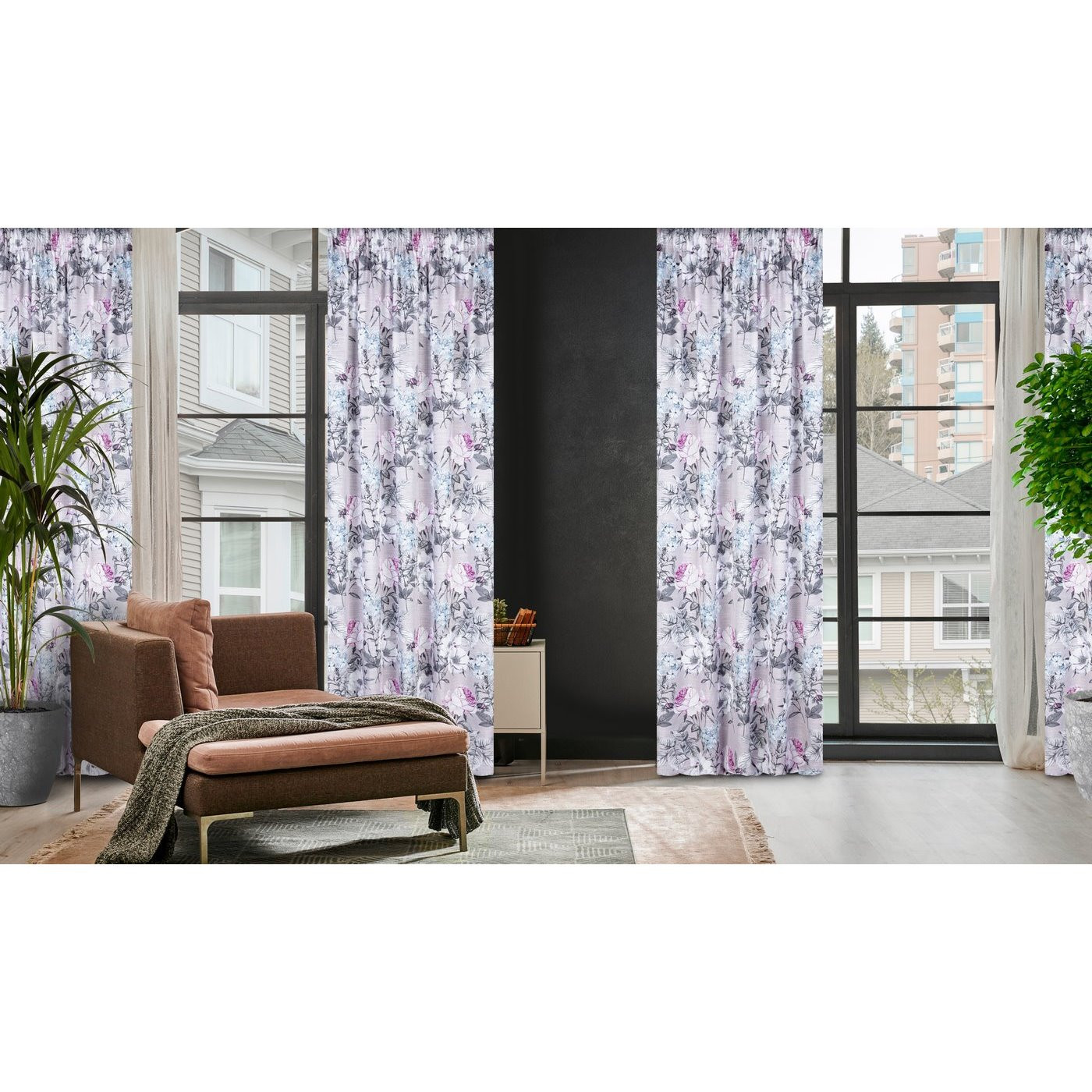 Hotový závěs HONEY béžový / fialový - na pásce