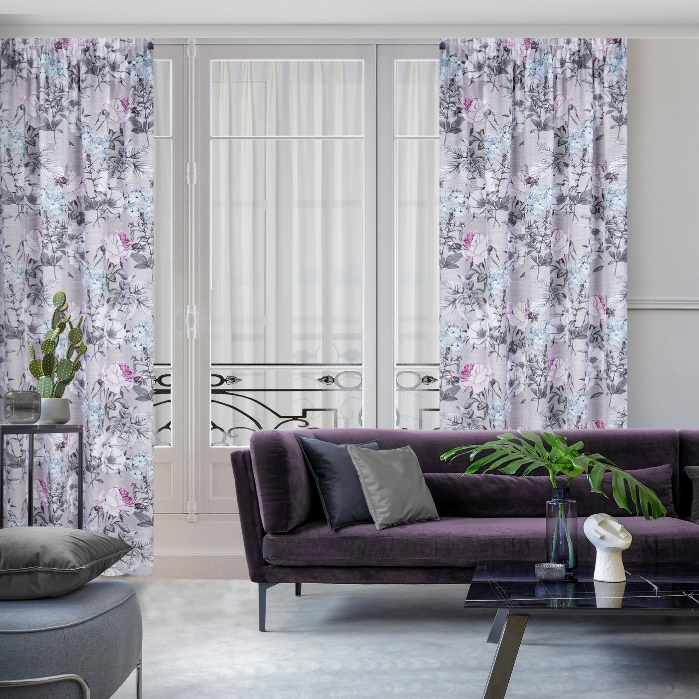 Hotový závěs HONEY béžový / fialový - na pásce