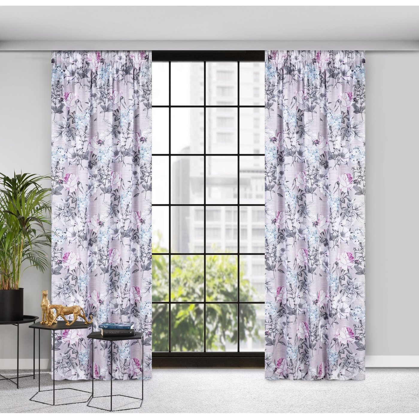 Hotový závěs HONEY béžový / fialový - na pásce