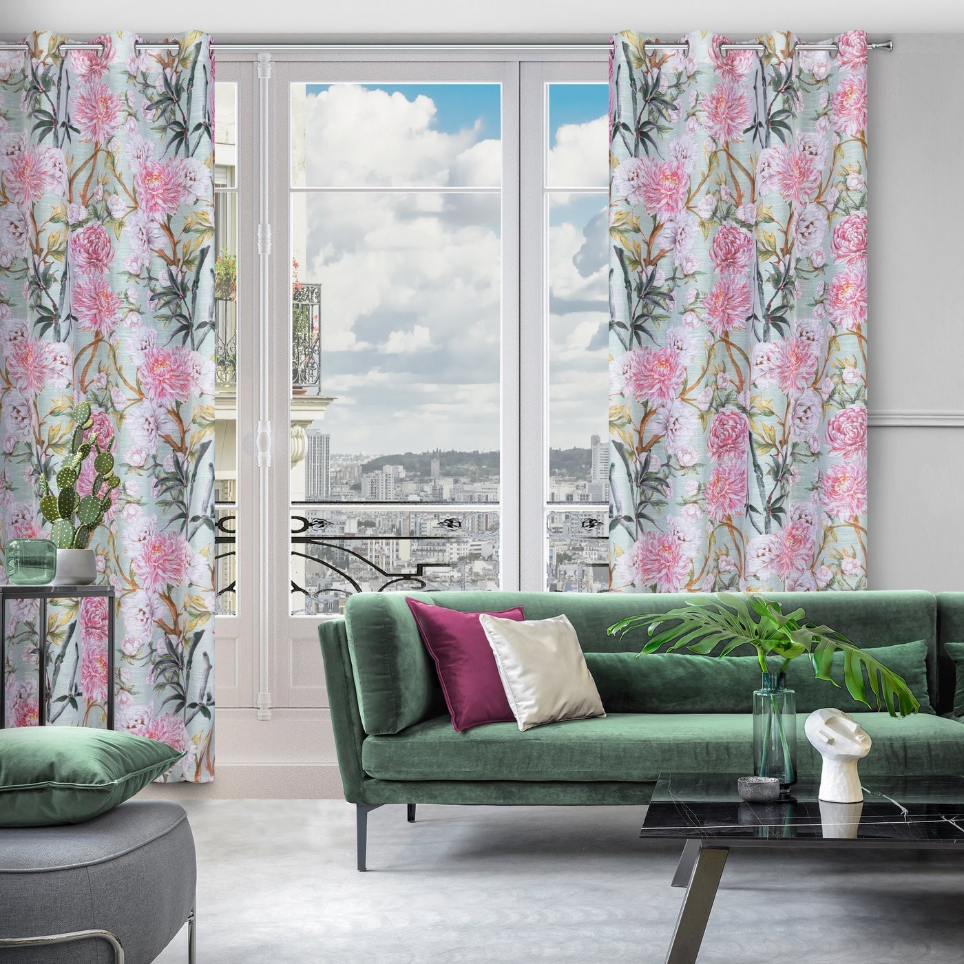 Hotový závěs NYDIA mátový / růžový - na průchodkách