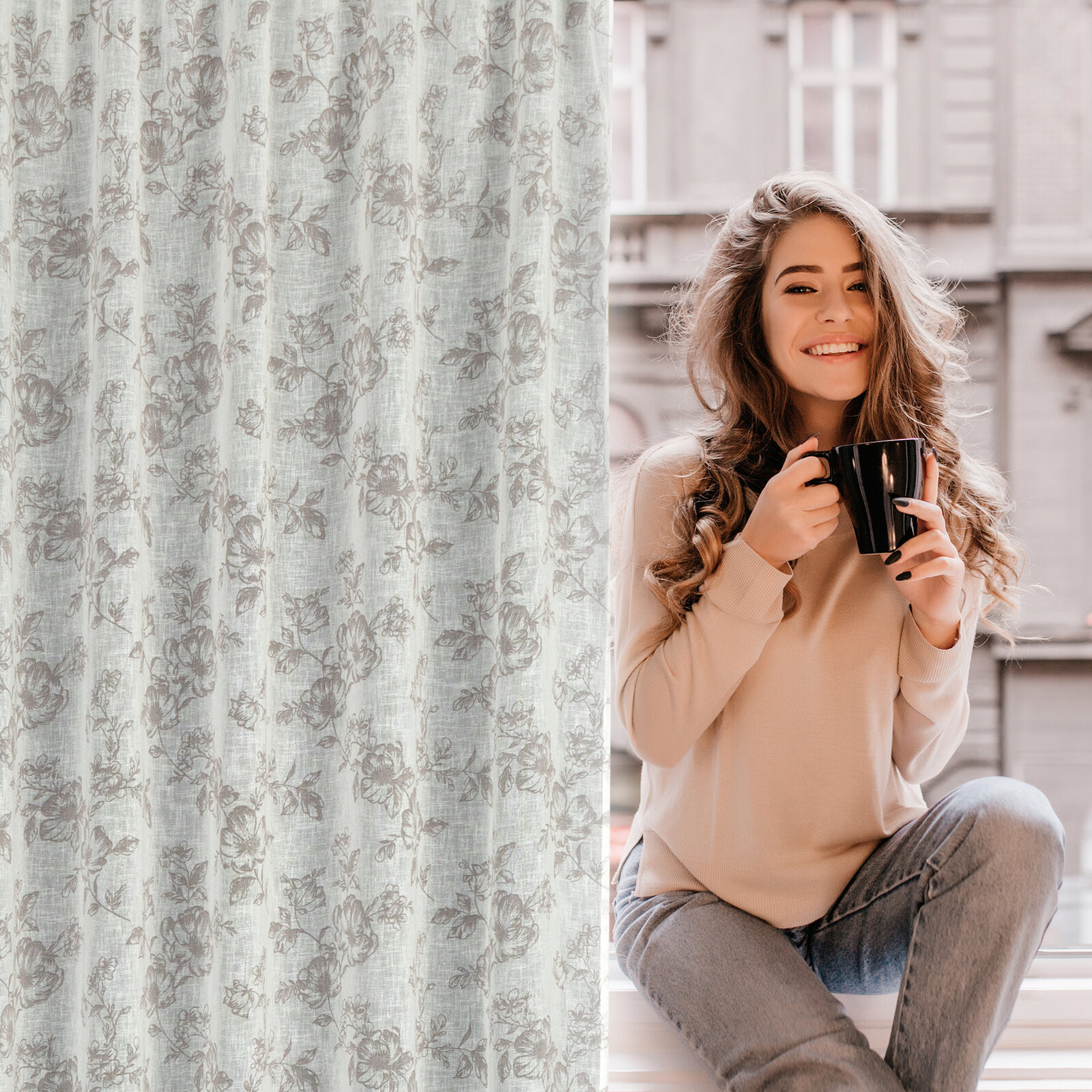 Hotový závěs WIKI bílá / šedá - na pásce