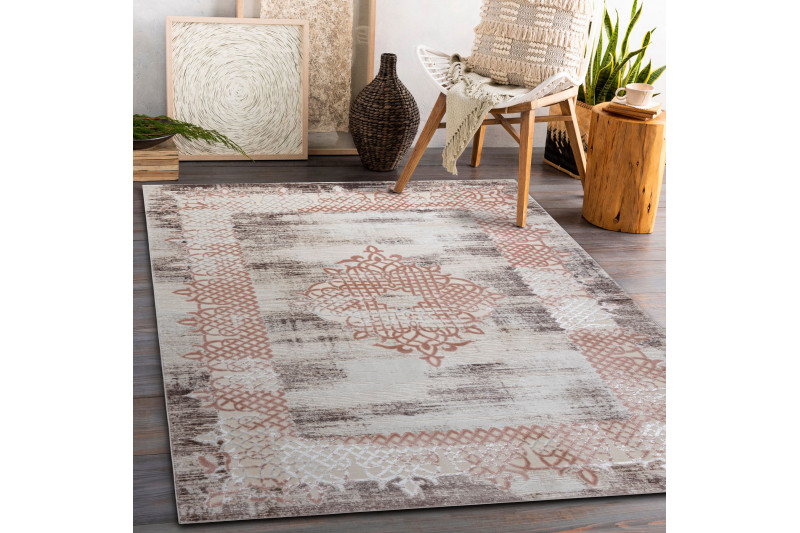 Koberec CORE W9797 Ramka, Rozeta - béžový / růžový