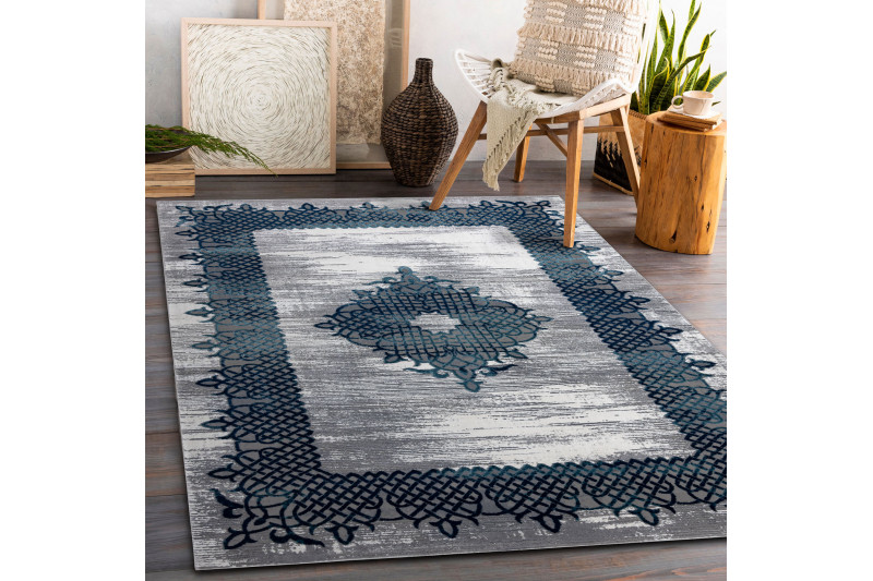 Koberec CORE W9797 Ramka, Rozeta - modrý / šedý