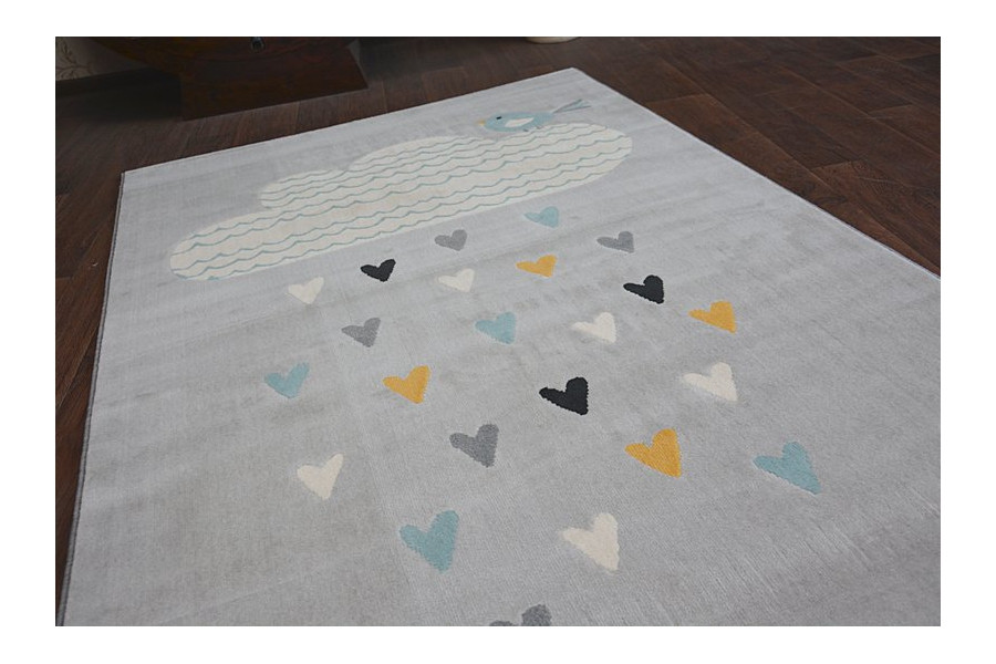 Koberec PASTEL 18409/652 - Obláček-Srdíčka-Ptáček šedý / krém / tyrkys