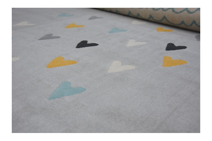 Koberec PASTEL 18409/652 - Obláček-Srdíčka-Ptáček šedý / krém / tyrkys