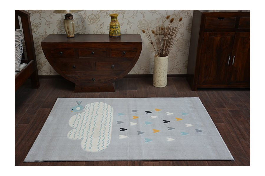 Koberec PASTEL 18409/652 - Obláček-Srdíčka-Ptáček šedý / krém / tyrkys