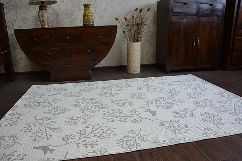 Koberec SIZAL FLAT 48774/367 Lístky ptáků krém šedý