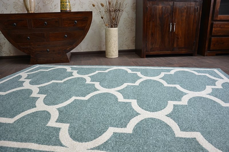 Koberec Sketch F730 tyrkysově / krémový trellis