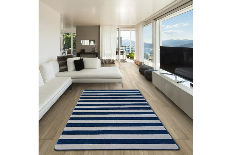 Koberec SKETCH F758 Modro / Bílý pásy