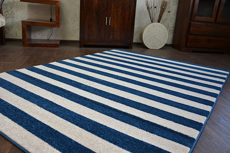 Koberec SKETCH F758 Modro / Bílý pásy