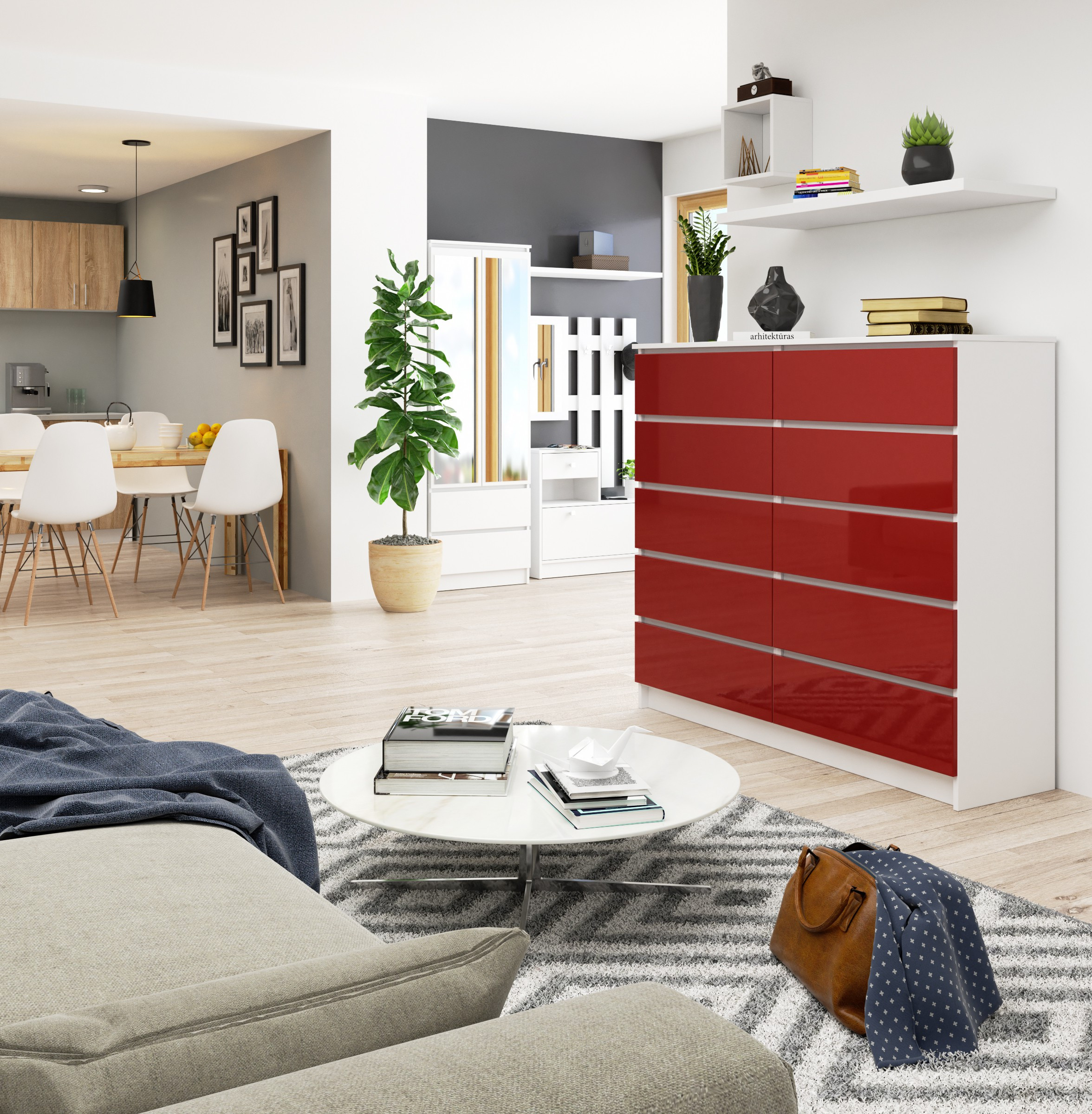 Komoda K140 10SZ CLP červená lesk