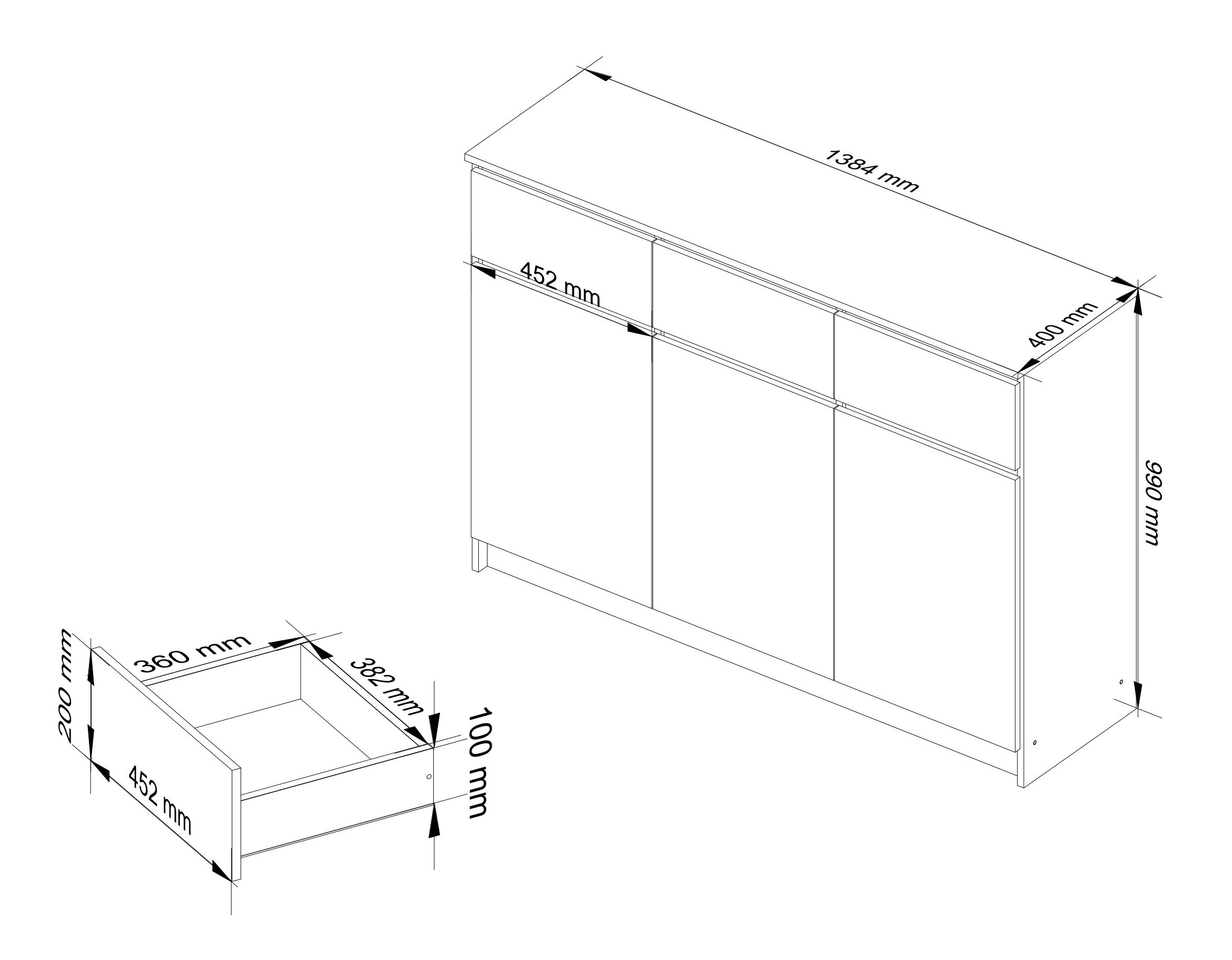 Komoda K140 3D 3SZ CLP bílá, lesk
