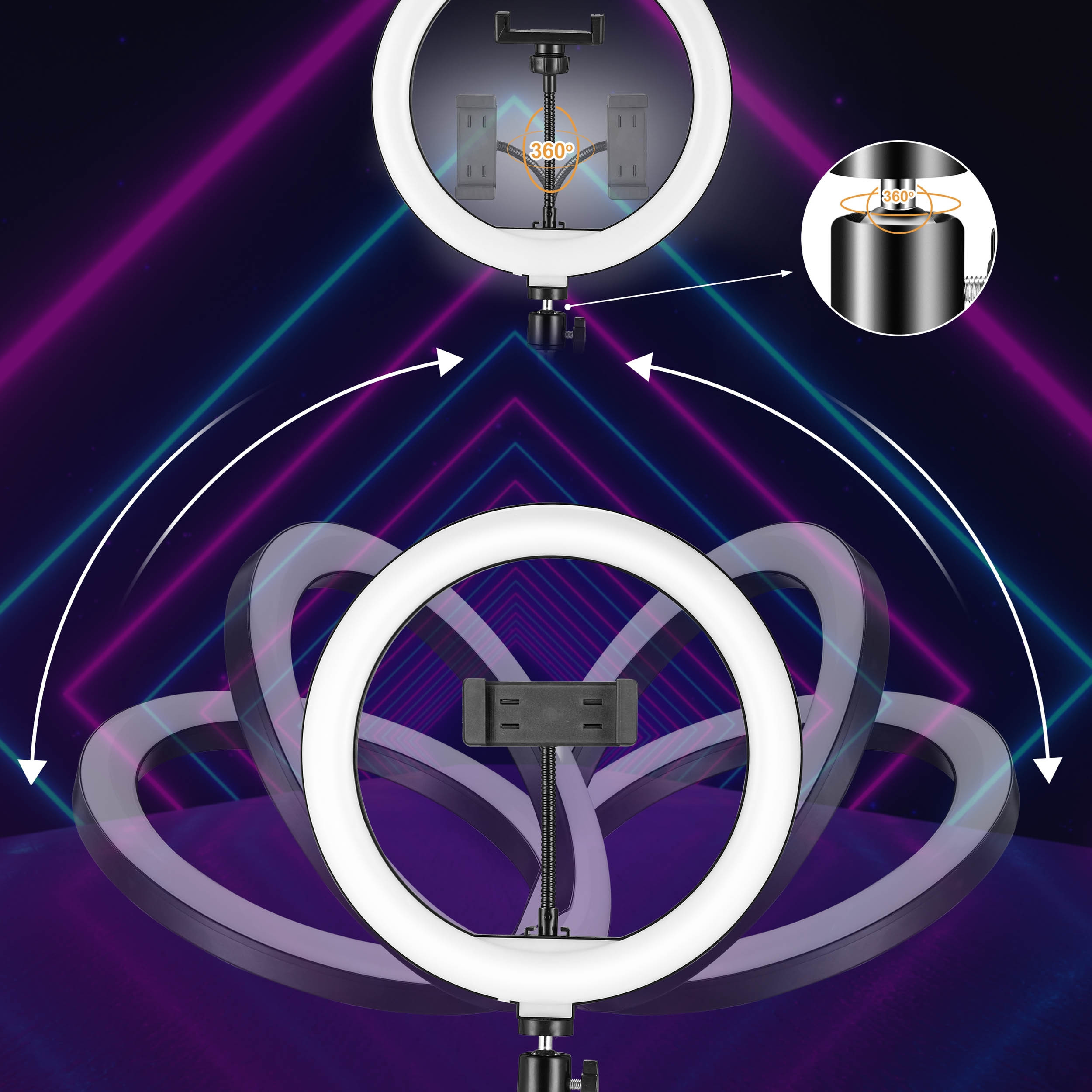 Selfie tyč RIVONI LED RGB s kruhovým světlem a stativem
