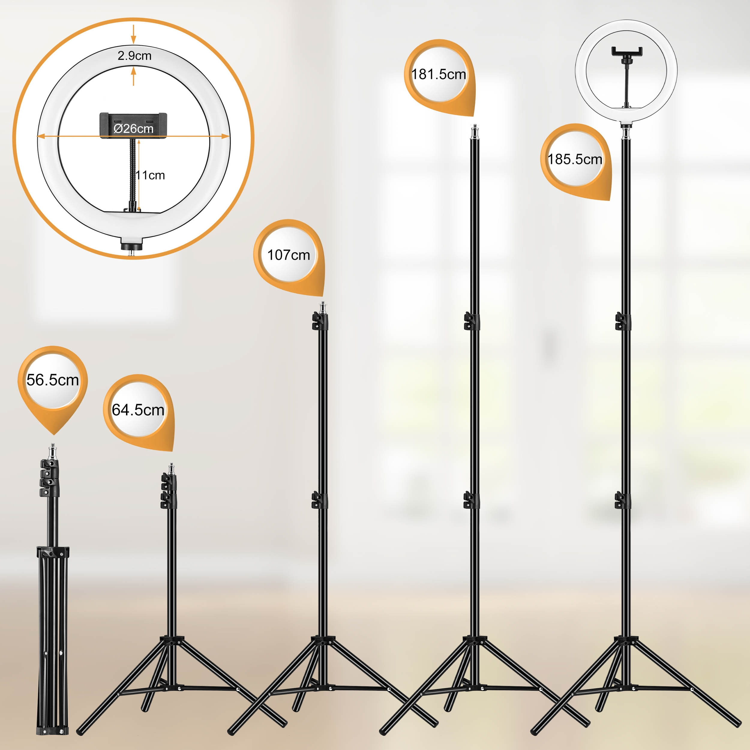 Selfie tyč RIVONI LED RGB s kruhovým světlem a stativem