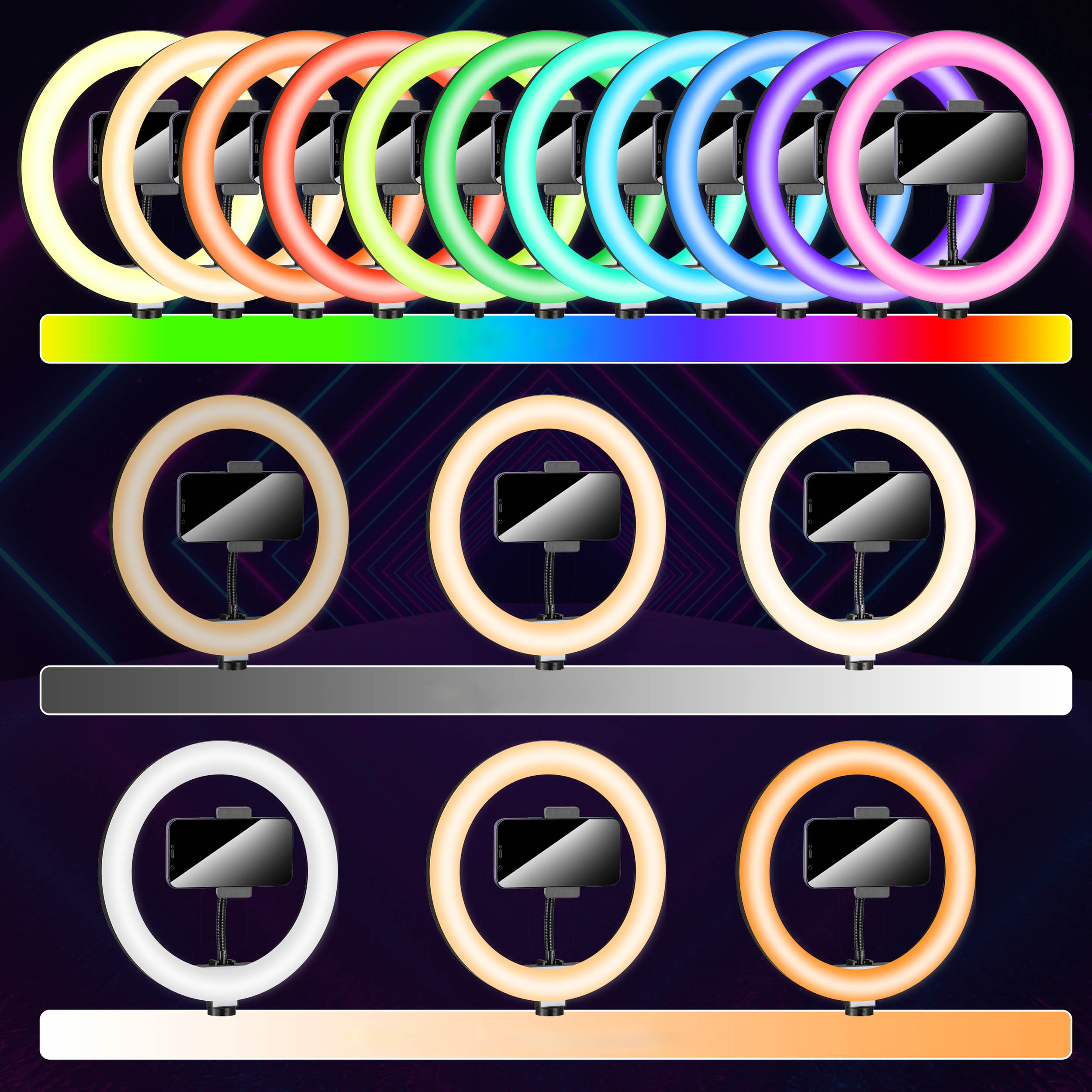 Selfie tyč RIVONI LED RGB s kruhovým světlem a stativem