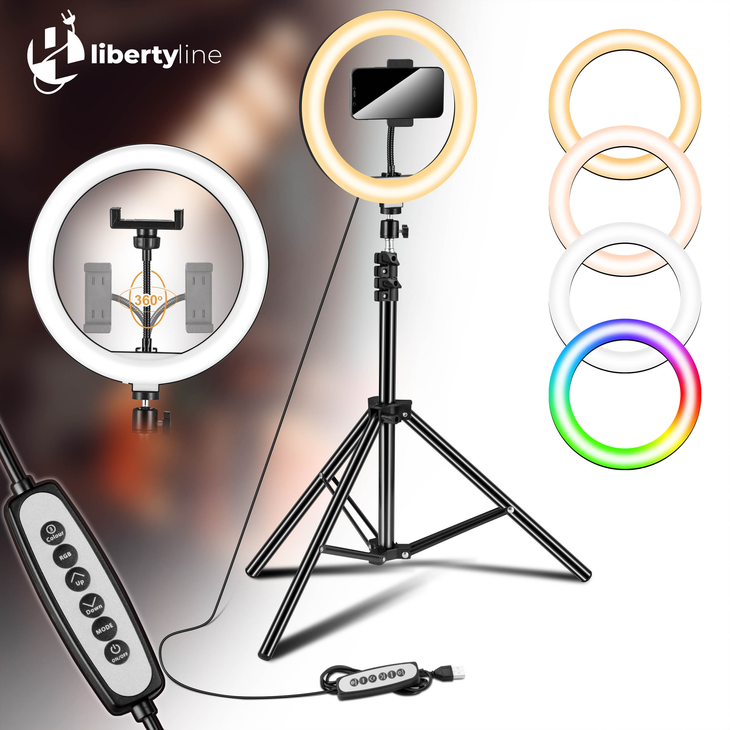 Selfie tyč RIVONI LED RGB s kruhovým světlem a stativem