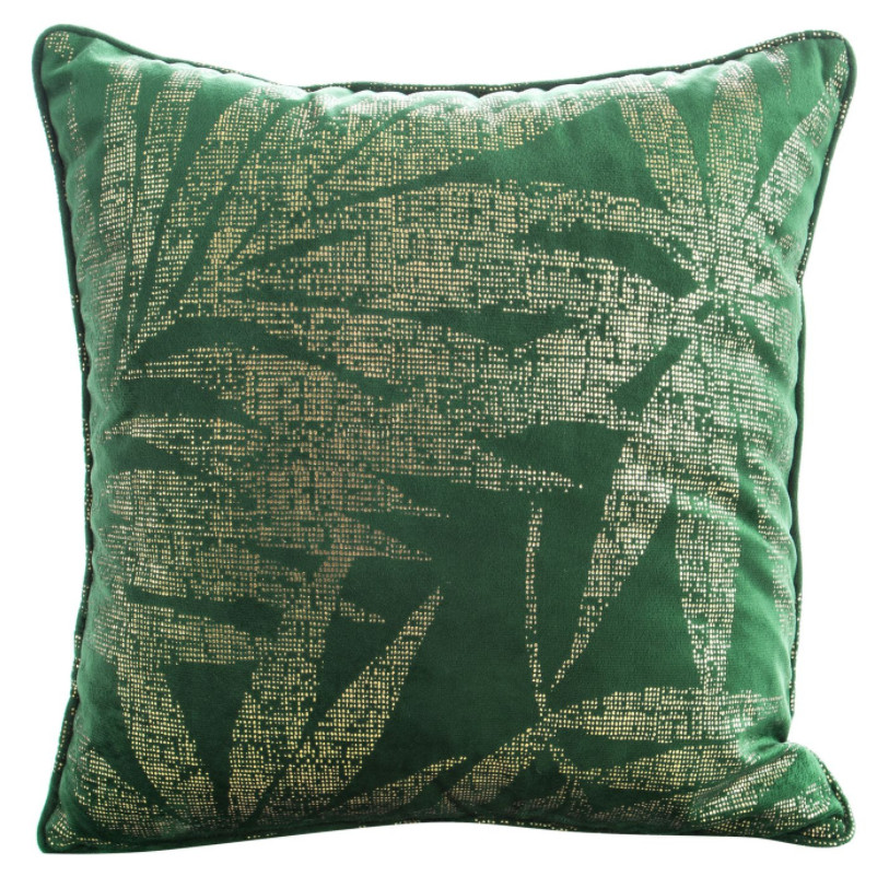 Měkký sametový povlak na polštář se zlatým potiskem listů - zelený