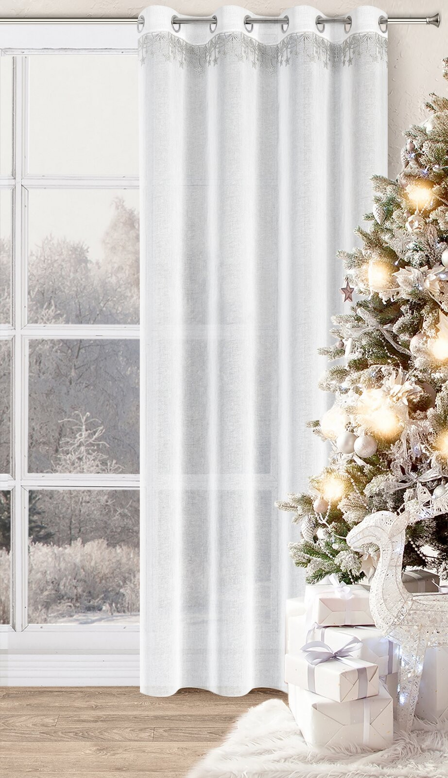 Hotová záclona XMAS bílá / stříbrná - na průchodkách