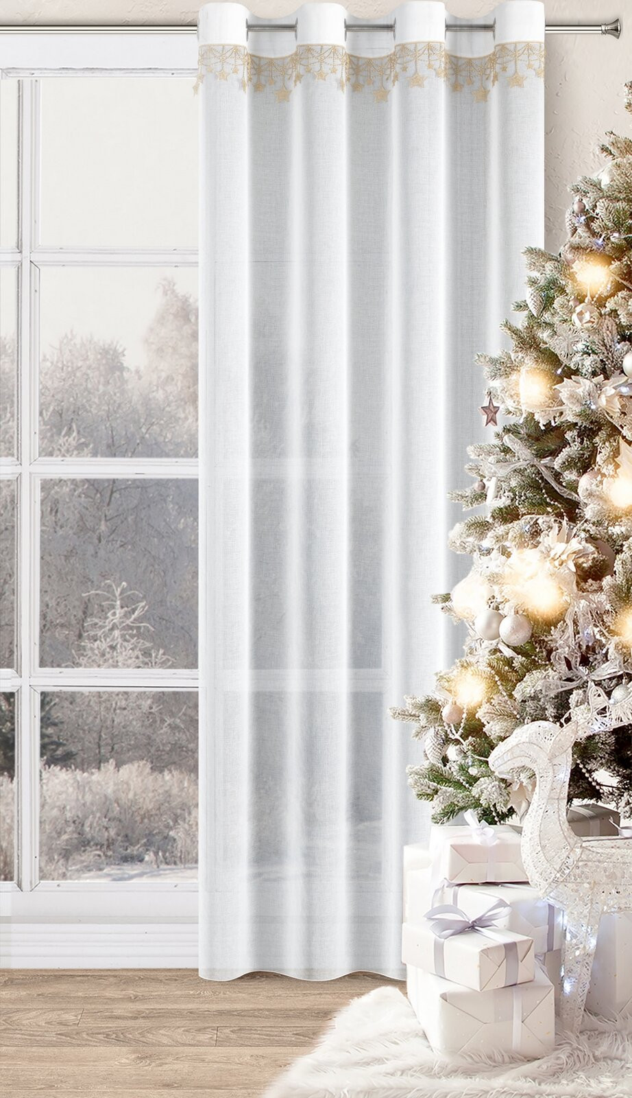 Hotová záclona XMAS bílá / zlatá - na průchodkách
