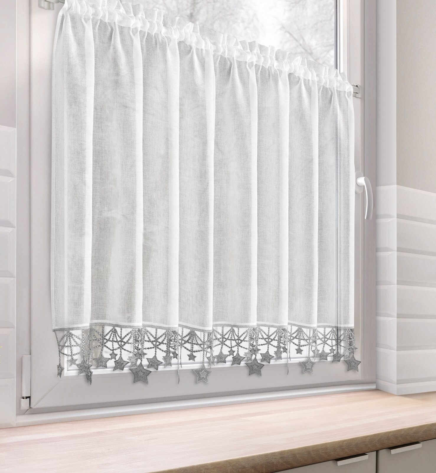 Hotová záclona XMAS bíla / stříbrná - s tunelem