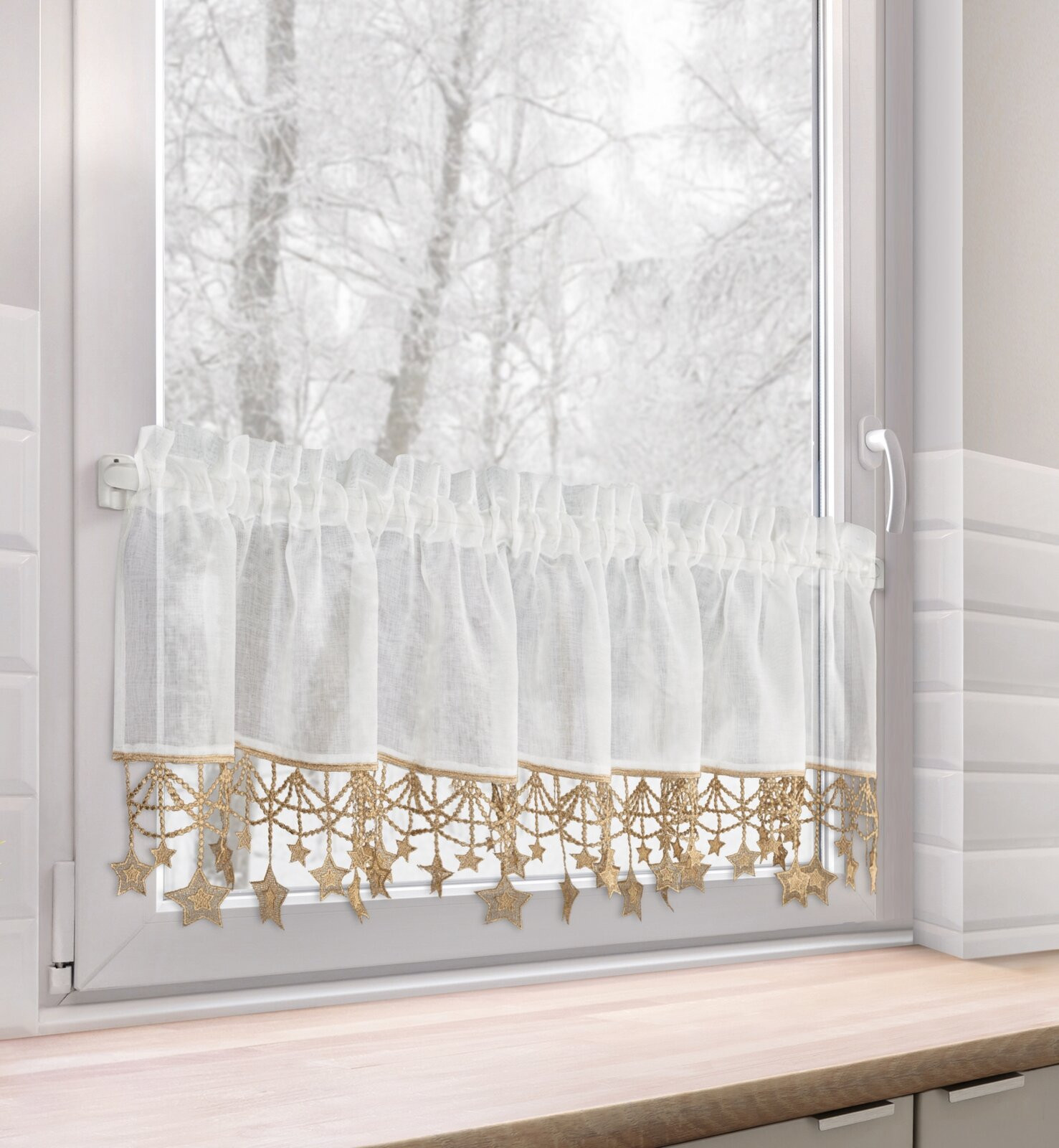Hotová záclona XMAS bílá / zlatá - s tunelem