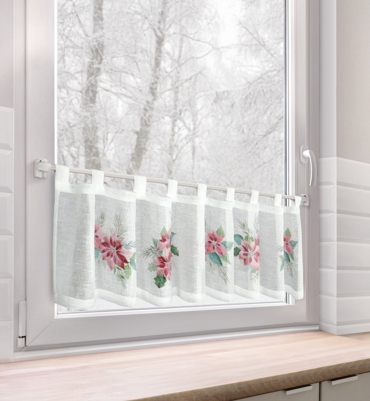 Hotová záclona XMAS s vánoční růží - na průchodkách