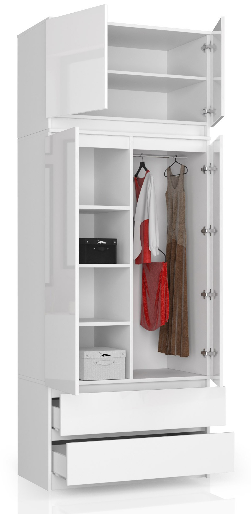 Skříň s nástavcem S 90 cm 2D 2SZ CLP bílá, lesk