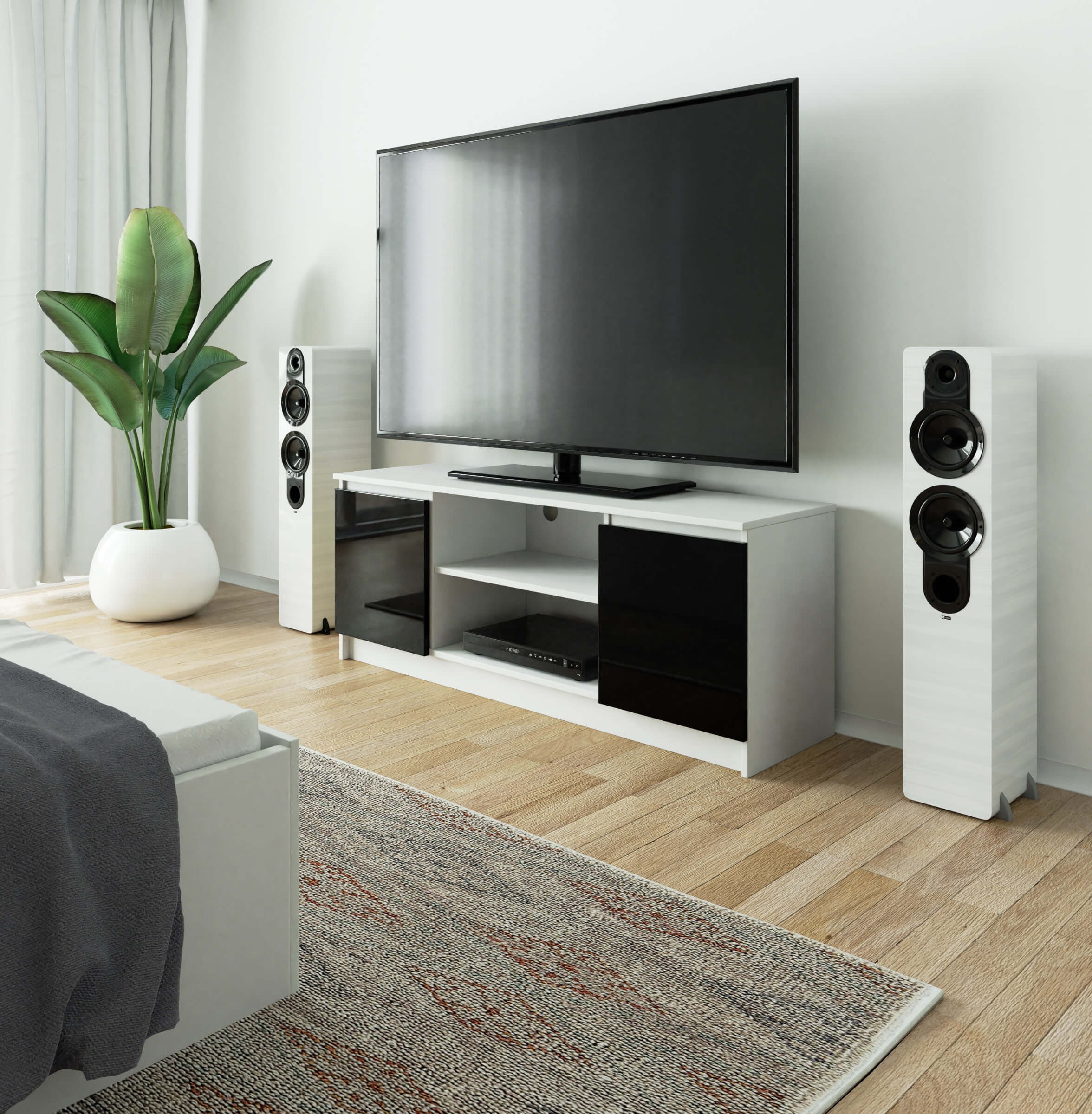 Stolek pod TV RTV 140 2D 1P bílý / černý, lesk