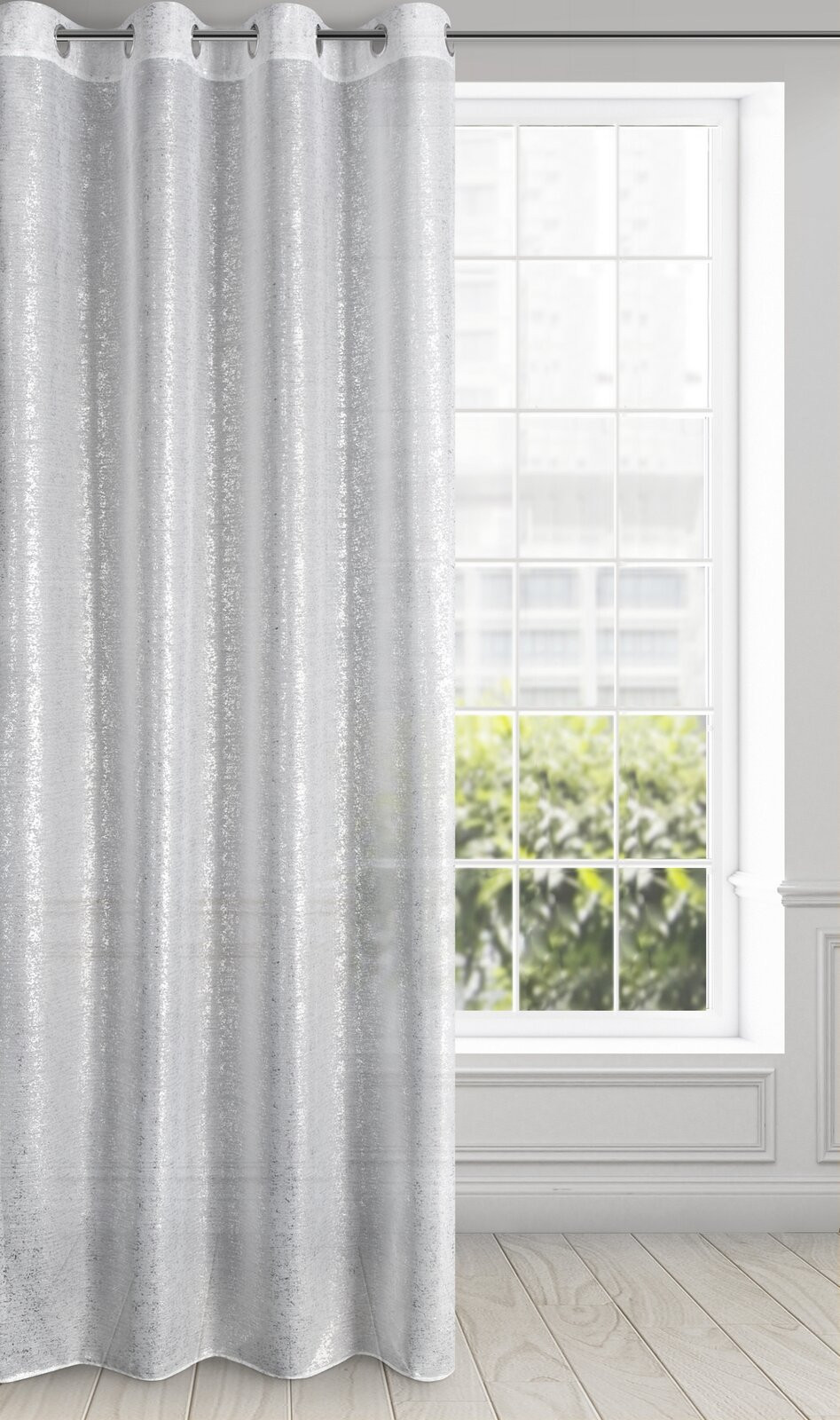 Hotový závěs D91 MILY bílý / stříbrný - na průchodkách