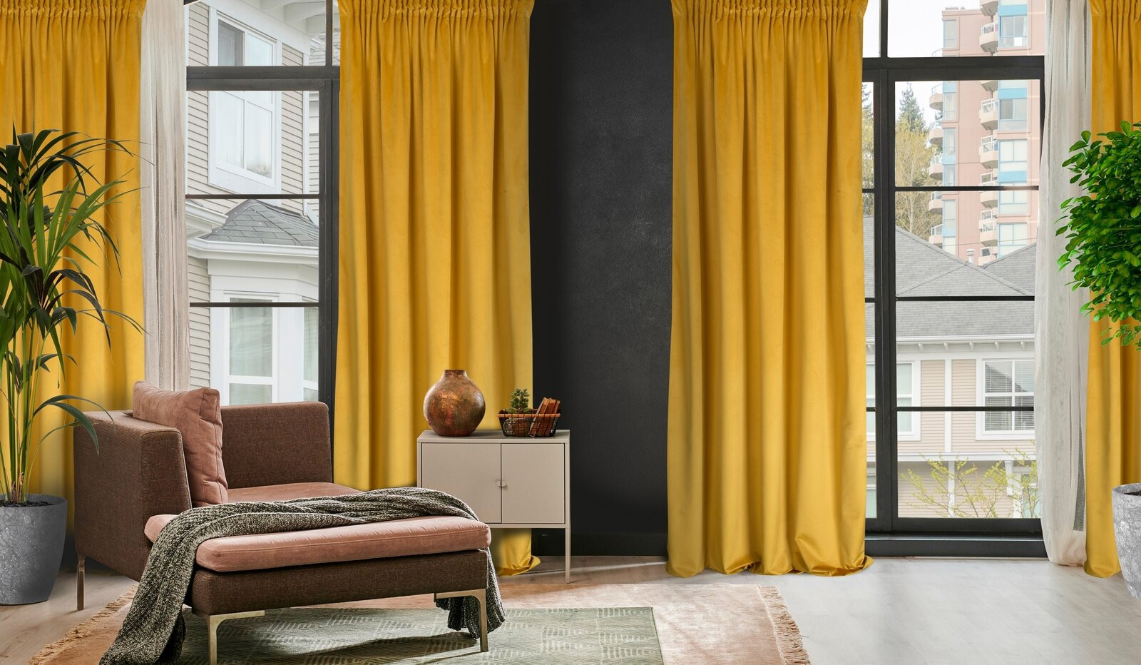 Hotový závěs D91 ROSA hořčicový - na pásce